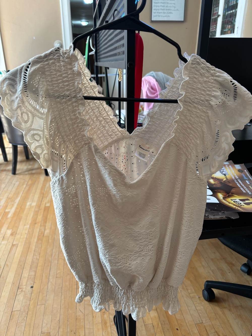 Women's White Eyelet Ruffled Sleeve Top